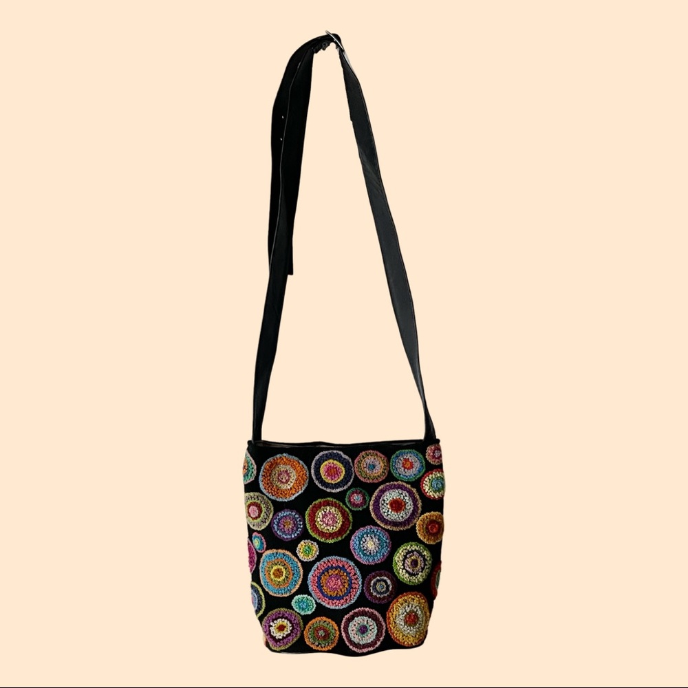 Free People Black Multicolor Embroidered Circle Crossbody Bag